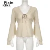 PixieKiki Fairy Gurnge Y2k Western Shirts Woman Flared Long Sleeve V Neck Tops Vintage Boho Earthy Hippie Clothes P67-CI15 - Image 4