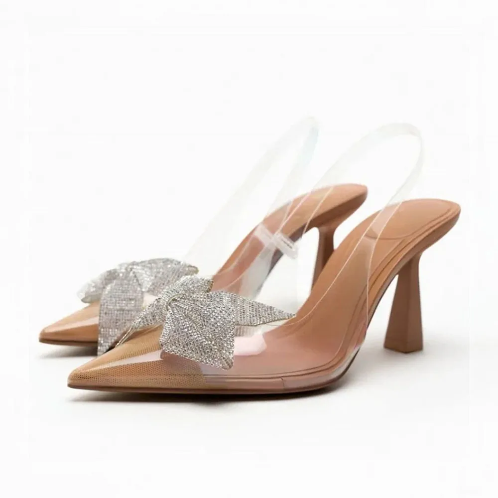 TRAF Fashion Women Stiletto Shoes Rhinestone Bow Transparent Slingbacks Pumps Golden Pointed Toe Spliced High Heels For Woman