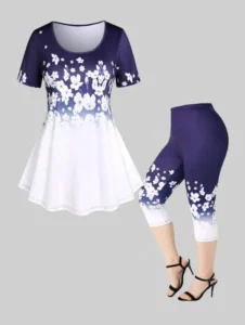 ROSEGAL Plus Size 3D Printed Tee And Capri Leggings Matching Set Size Is Too Large Butterfly Floral Pattern Women Outfits - Image 2