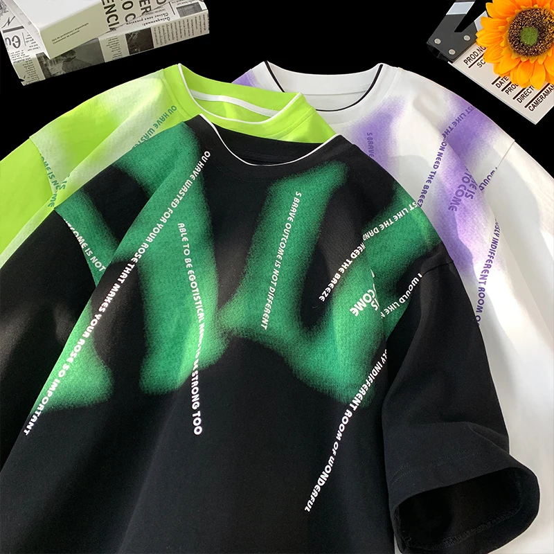 Hip Hop Style Graffiti T-Shirt Summer Bright T-shirts Fake Two Piece Clashing Round Neck Short Sleeve Top Neutral Printed Tshirt