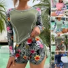 Two-piece Swimsuit Floral Print Long Sleeve Swimsuit Set for Women with Drawstring Elastic Waist Shorts Quick Dry for Surfing - Image 3