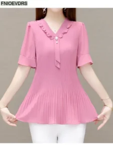 Women 2022 Summer Retro Vintage Elegant Office Lady Shirts Casual Loose Work Ribbon Pink Peplum Tops Blouses 761 - Image 2