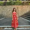 Women Elegant Printed Strap Swing Dress Ladies Sexy Red Backless Sleeveless Sling Dresses 2024 Female Party Vacation Vestido
