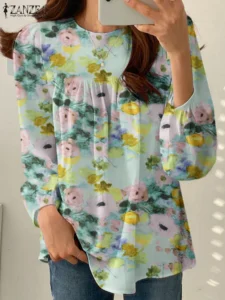 2024 ZANZEA Elegant Floral Printed Work Tops Bohemian Women Blouse Fashion Spring O Neck Long Sleeve Shirt Casual Holiday Blusas - Image 5