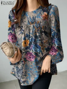 Vintage Floral Printed Shirt ZANZEA 2024 Spring Fashion Women Casual Tops O Neck Long Sleeve Blouse Female Holiday Party Blusas - Image 3