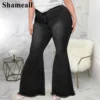 Plus Size High Waist Spliced Flared Jeans Mom 4XL Women Comfortable Elastic Tight Fringe Hem Wide Leg Trousers Women Bell Bottom - Image 3