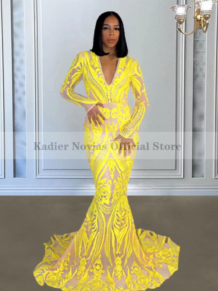 Long Sleeves Yellow Mermaid Prom Dresses for Black Girls Evening Celebrity Cocktail Dress Vestido De Fiesta