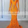 Long Sparkly Orange Prom Dresses 2024 V Neckline Long Sleeve Real Picture African Black Girls Mermaid Prom Gala Gowns