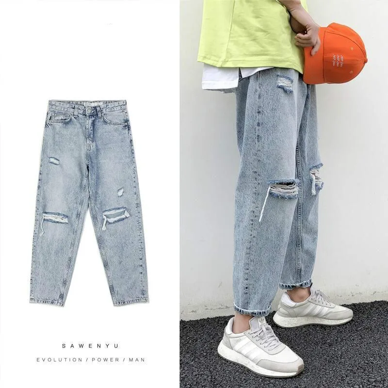 Japanese Ripped Jeans Men's Straight Loose Capri-Pants Korean Casual Pants Male Hiphop Clothes Streetwear Distressed Jeans