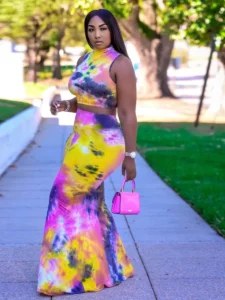 XL-5XL Plus Size Sets Women Clothing Summer 2022 Sexy Tie Dye Sleeveless Top And Long Skirt 2 Two piece set dress suit Wholesale - Image 4