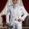 Custom Made White Embroidery Groom Tuxedos Stand Collar Groomsmen Blazer Man Wedding Suit（Jacket Pants Vest Tie Handkerchief)
