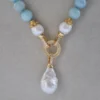 Z10456 18" 24mm Natural Round blue Amazonite Necklace White Keshi Pearl Choker Necklace Pendant - Image 3
