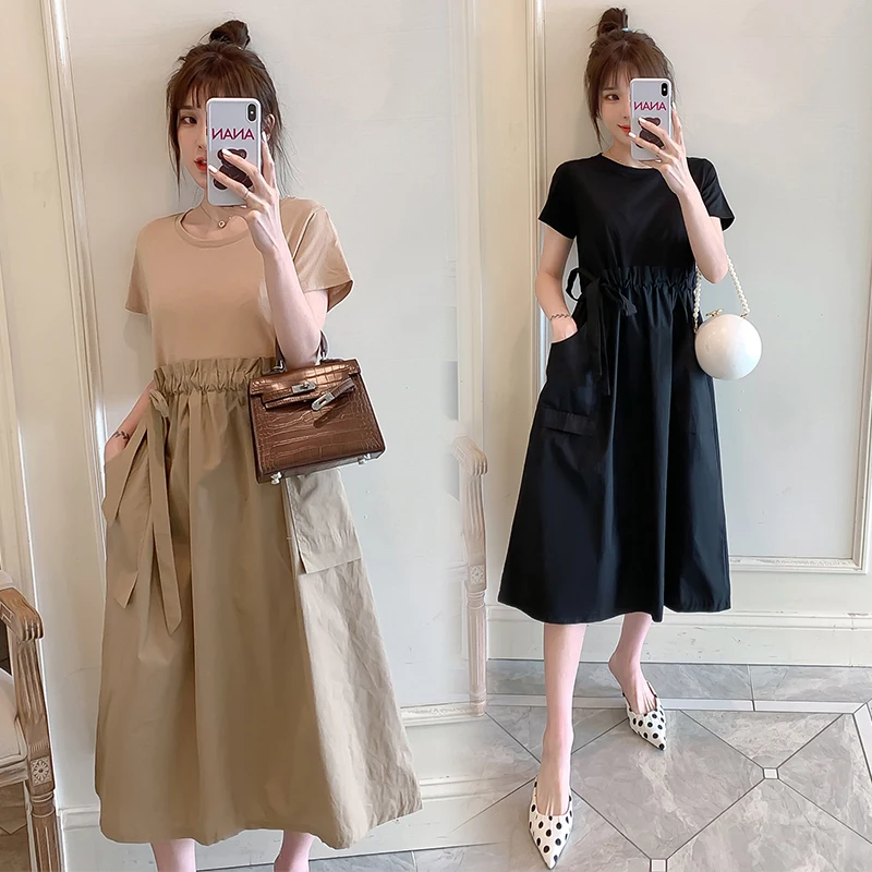 2068# Maternity Clothing Patchwork Loose Stylish Dress for Pregnant Women Pregnancy Dress