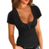 Sexy Women T-shirt U Neck Solid Color Low Cut Short Sleeve Slim Shirt Top Hot Girls Tshirt for Summer T-shirts - Image 3