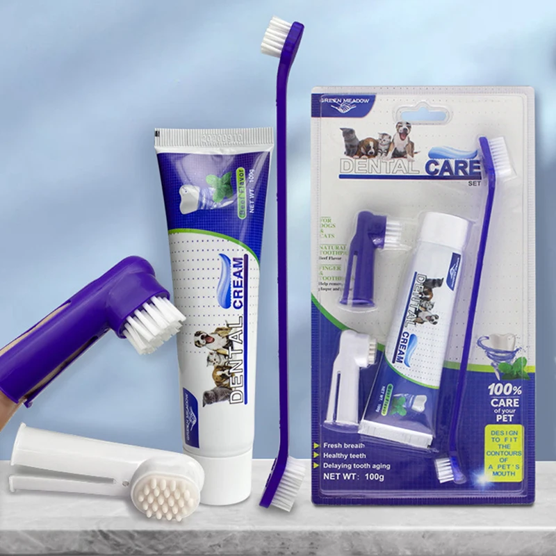 Pet Dog Cat Toothpaste Pupp Medium Large Dog Oral Cleaning supplies Four-Piece Cat And Dogs Set Toothpaste Toothbrush Set