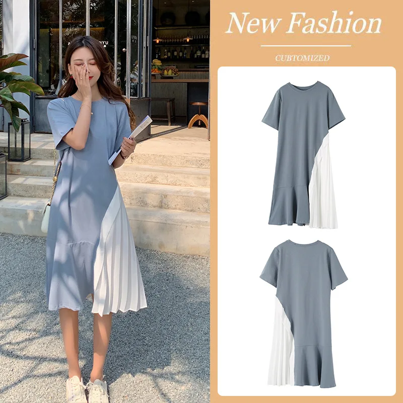 Plus size Cotton Mid-length Dress Female 2021 Chiffon Summer New Style Korean Stitching Loose Casual Dress Pregnancy Dress