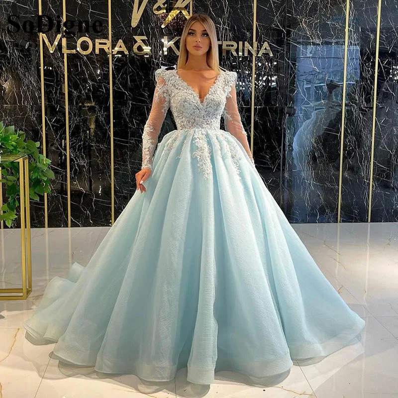 SoDigne Long Sleeves Evening Dress Sexy V Neck Long Sleeves Arabic Prom Formal Dress Lace Appliques Women Evening Gowns