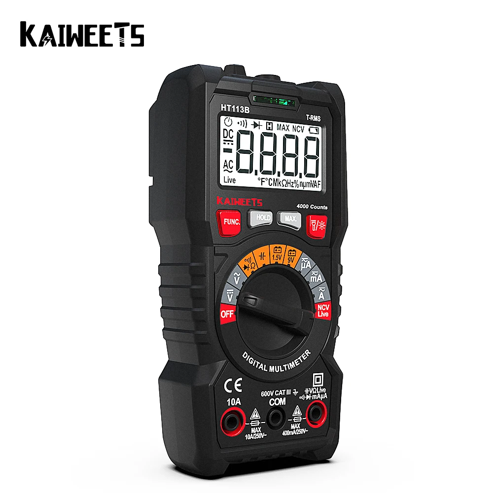 KAIWEETS HT113B NEW Digital Multimeter Ture RMS Auto Range Multimetro 1000V 10A AC DC Ohm Hz NCV Live Voltage Temperature Meter