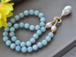 Z10456 18" 24mm Natural Round blue Amazonite Necklace White Keshi Pearl Choker Necklace Pendant - Image 2