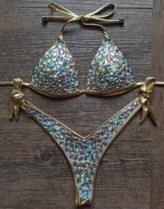 2024 Sexy Halter Women Push Up Luxury Diamond String Gold Bikini Sets Rhinestone Swimwear Crystal Honey Moon Beachwear - Image 2