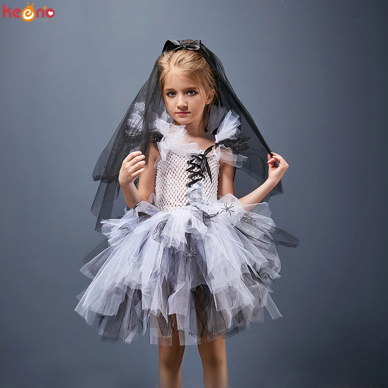 Halloween Zombie Bride Girls Tutu Dress with Veil Glitter Sparkle Tulle Kids Corpse Ghost Costume for Purim Carnival Party Dress