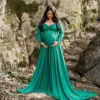 Long Tail Maternity Dresses Photography Props V-Neck Maxi Gown Cotton Dress Pregnant Women Pregnancy Autumn Photo Shoot Clothes