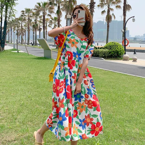 74463# Maternity Dress Summer Cotton Short Sleeves Loose Midi Dress Plus Size Pregnancy Vintage Dress Pregnant Women Mom Dress