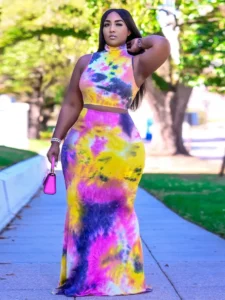 XL-5XL Plus Size Sets Women Clothing Summer 2022 Sexy Tie Dye Sleeveless Top And Long Skirt 2 Two piece set dress suit Wholesale - Image 5