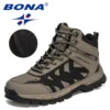 BONA 2022 New Designers Outdoor Fashion Leather Boots Men Ankle Boots Short Plush Winter Warm Boots Man Plush Hiking Footwear - Image 5