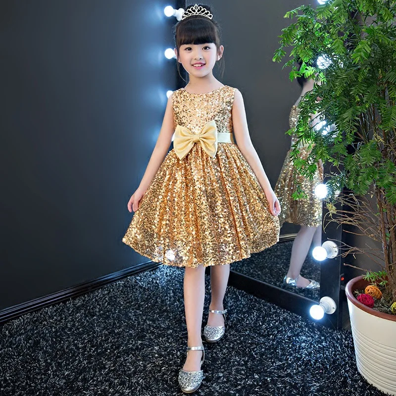Gold Girls Graduation Party Christmas Dress Sequins Evening Dress Kids Princess Dresses for Baby Girl Birthday 2024 Infant Gowns
