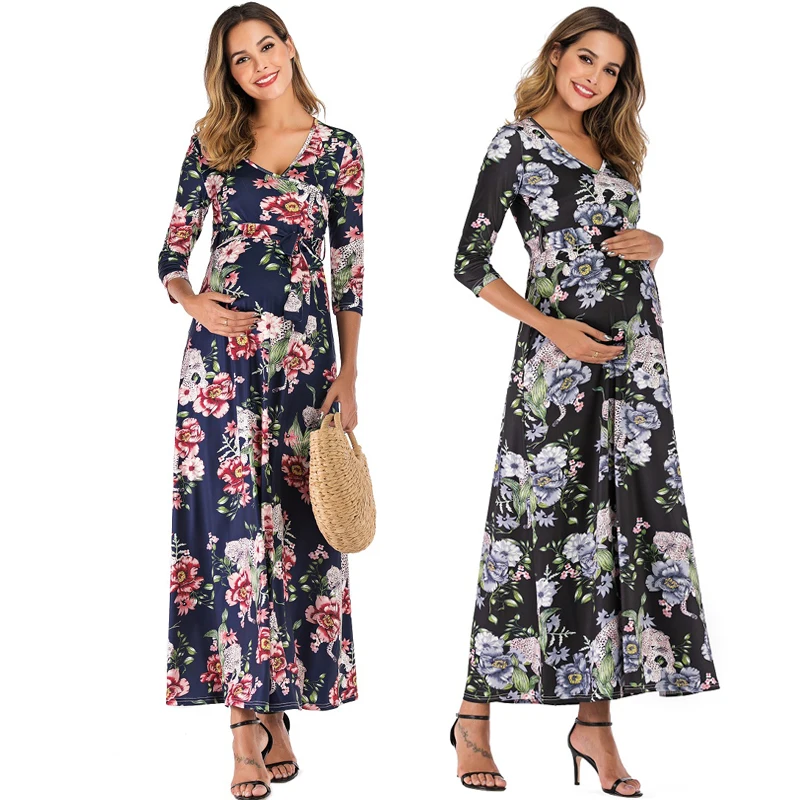 Pregnancy Cotton Dress Short Sleeve Floral Print V-Neck Party es Maternity Photography Ropa Premama Hot Sale Clothes