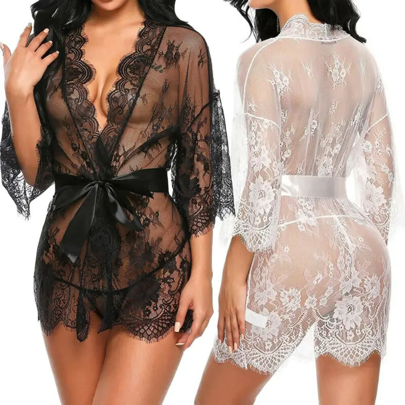 New Sexy Underwear Women Mesh Evening Dress Lace Ruffled Robe Underwear Transparent Babydoll Women's Pajamas Erotic Sex Clothes