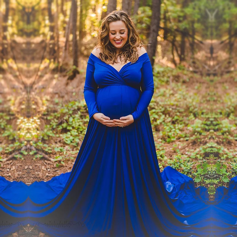 Maternity Photography Props Maternity Gown Pregnant V-Neck Off Shoulder Long Sleeve Photo Shoot Maxi Mermaid Baby Shower Dress