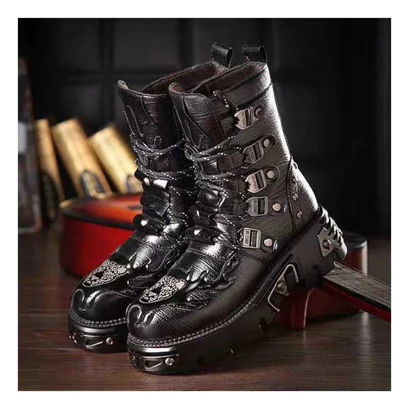New Retro Gothic Punk Men's Genuine Leather Motorcycle Boots Platform Rubber Boots Warm Mid-Calf Military Combat Boots Fashion47