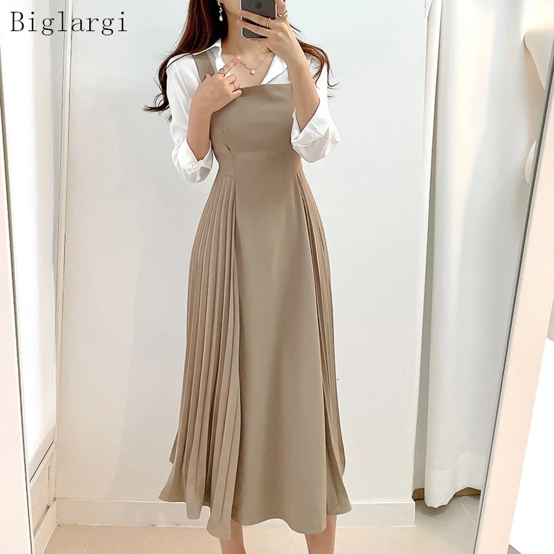 Autumn Slip Pleated Dress Women Korean Style A Line Slim Sleeveless Elegant Wrap Hip Dresses Office Ladies Dresses 2023 Vestido