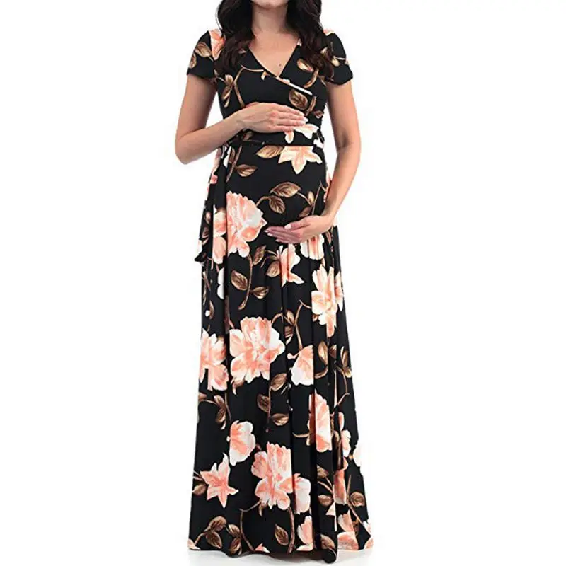 Maternity Floral Short-Sleeved Dress Women's Pregnant Women Long Summer Pregnancy