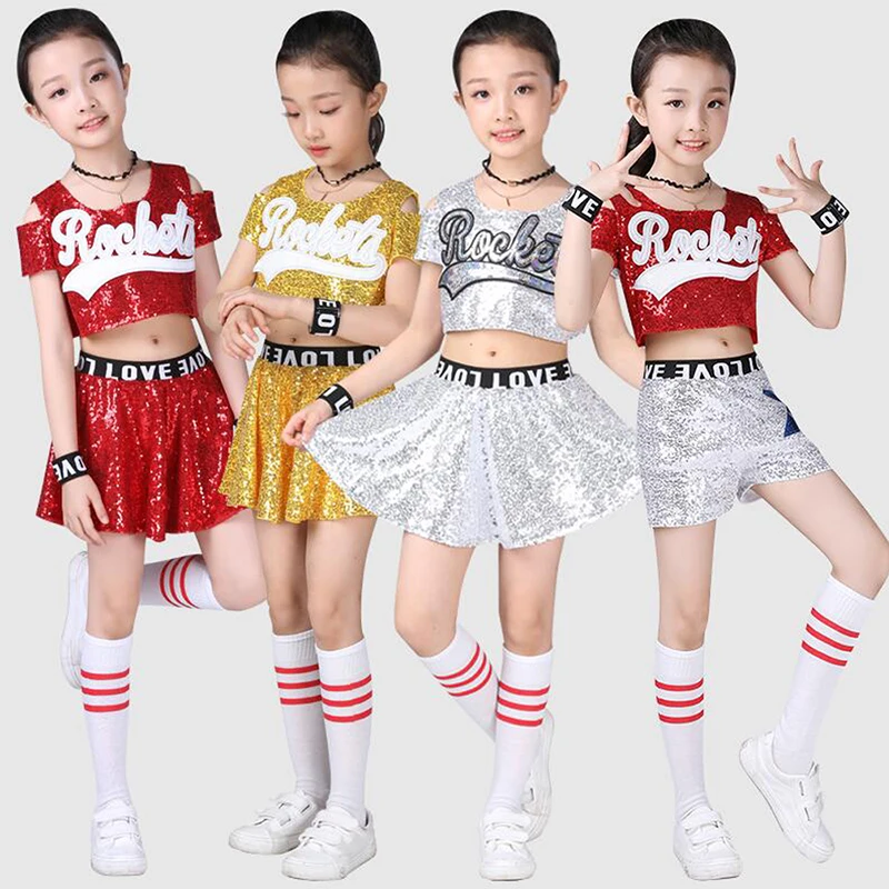 Girls Jazz Dance Sequined Ballroom Jazz Hip Hop Dance Competition Costumes Shirt Tops Pants Kid Cheerleaders Dancing Suit