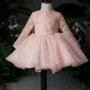 Cute Girl Infant Party Dress For 1 Year Baby Girl Birthday Frock Crystal Beads Tulle Long Sleeve Toddler Girl Christening Gown