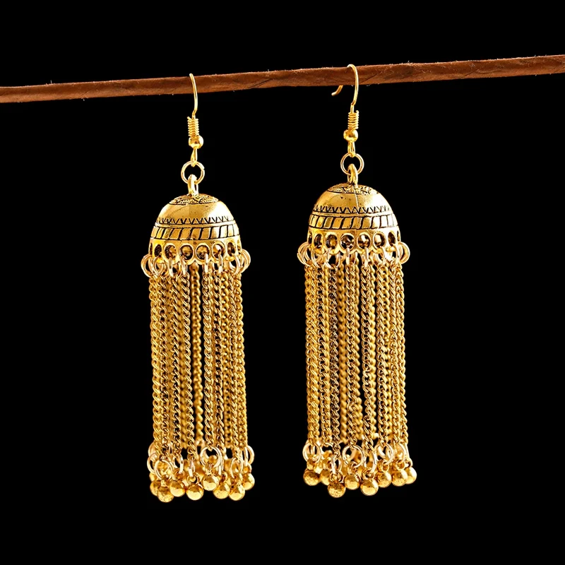 Vintage Women Gold Color Gypsy Indian Earrings Boho Jewelry Ladies Retro Round Bell Long Tassel Jhumka Earrings Oorbellen