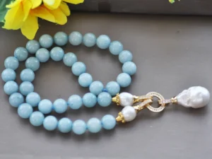 Z10456 18" 24mm Natural Round blue Amazonite Necklace White Keshi Pearl Choker Necklace Pendant - Image 4