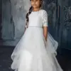 Flower Girl Dresses For Wedding Half sleeve Ball Gown Tulle Lace Half Sleeve Beaded Belt Long First Communion Dresses Little Gir