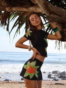 Fashion Summer Holiday Beach 2pcs Outfit Women 2 Piece Floral Print Sheer Mesh Short Sleeve T-Shirt And Casual Mini A-Line Skirt - Image 2