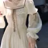 2023 Autumn Long Sleeve Elegant Lace Dress Woman French Style Fashion Midi Dress Casual Party Slim One Piece Dress Korean Chic