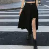 Vintage Dark Gothic High Split Mid-Calf Skirts Women Elegant Fashion Party Club High Waist Femme Bottom Streetwear Goth Skirt