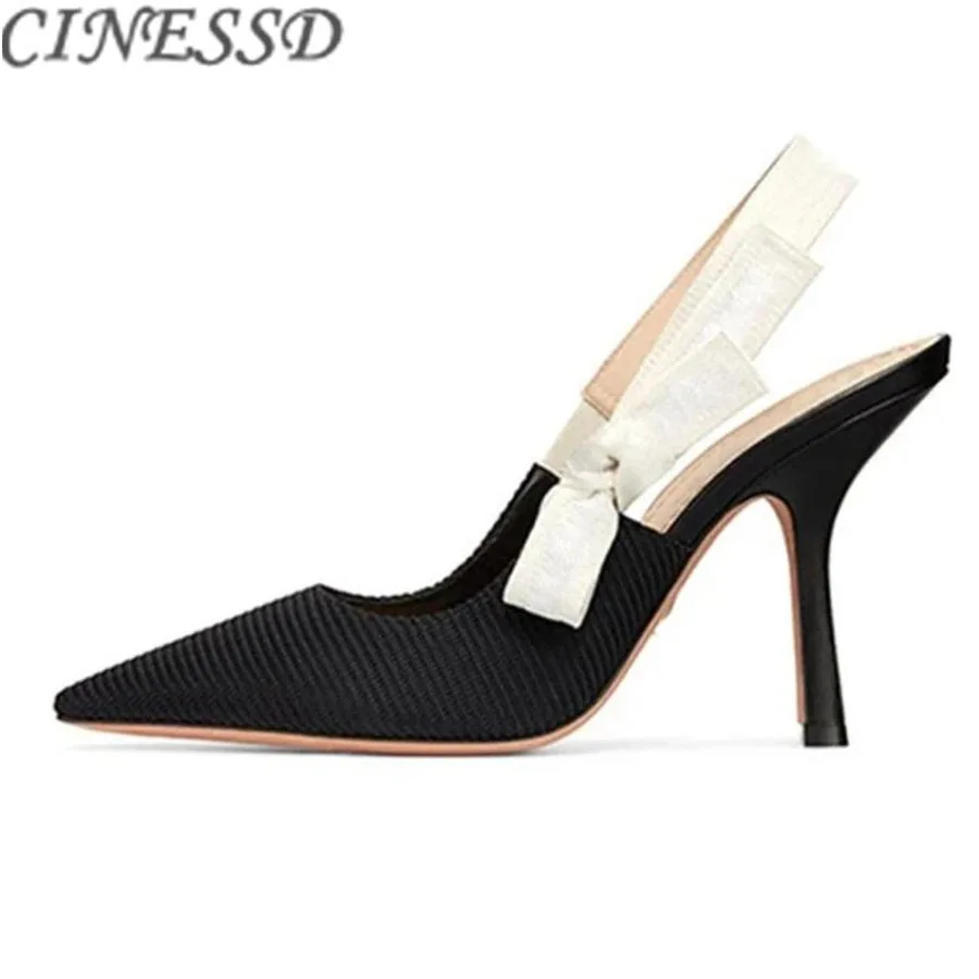Summer Slingback High Heel Low Kitten Heel All Match Fashion Pointed Toe Letter Ribbon Band Ladies Pumps Wedding Shoes Bride