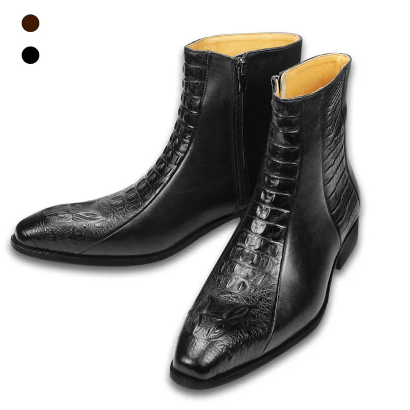 Elegant mens dress Boots Handmade Genuine cow leather crocodile skin printing Zipper Luxury design Autumn casual shoes for men