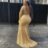 African Gold Lace Mermaid Evening Dresses Women Elegant Plus Size Prom Dress Appliques Long Sleeves Soop Neck Formal Party Gowns - Image 2