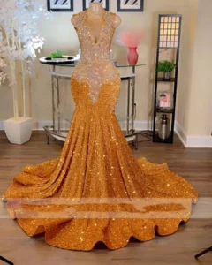 Sparkly Gold Sequined Mermaid Prom Dresses 2024 For Black Girls Sheer Crew Neck Beaded Formal Party Dress Luxury Evening Gowns - Image 2