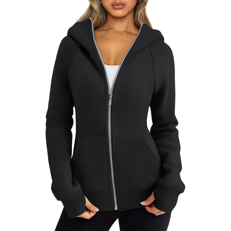 Autumn and Winter Women's Hooded Sweater with Plush Warm Pocket Zipper Solid Color Slim Fit Fashion Casual Elegant Sweater Coat