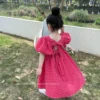 Summer Rose Pink Plaid Bow Dress Elegant Lolita Child Big Girls Midi Dress Children Dresses For Teens Party Princess Sundress - Image 2